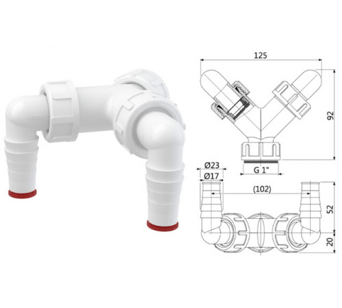 Колено с двумя штуцерами G1"/17-23 c обратными клапанами, Alcaplast